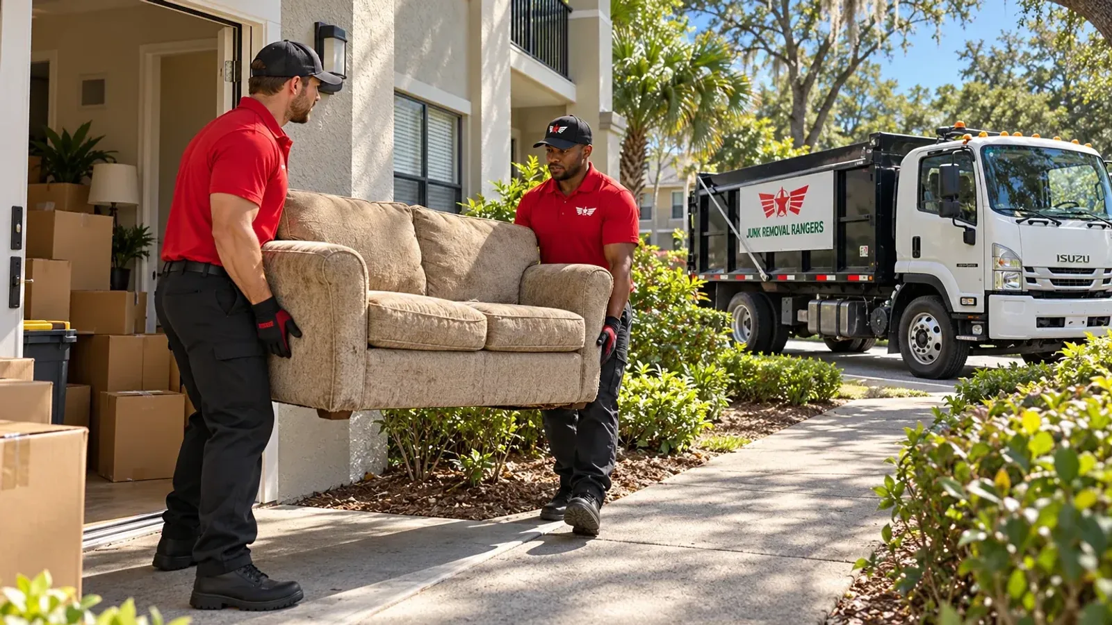 Illustration: Crew carrying a loveseat out of a ground-floor apartment