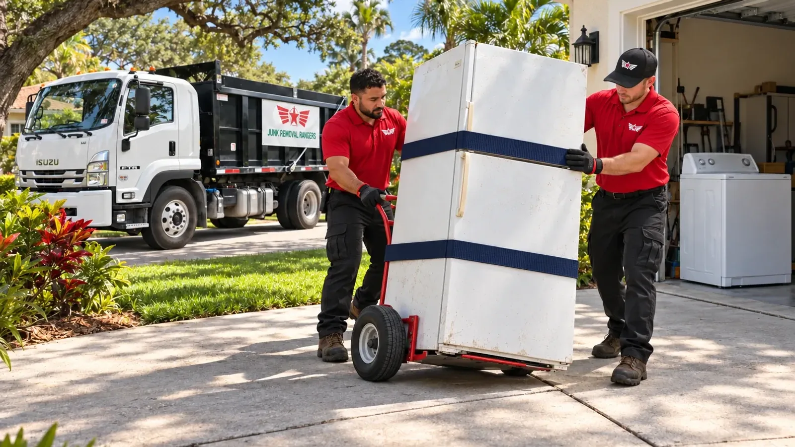 Illustration: Crew moving a refrigerator for appliance pickup