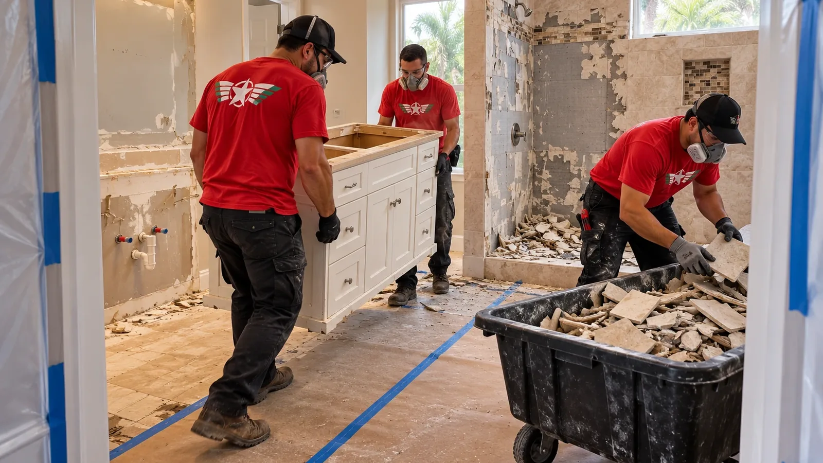 Illustration: Workers removing a bathroom vanity and collecting broken tile in a rolling debris bin