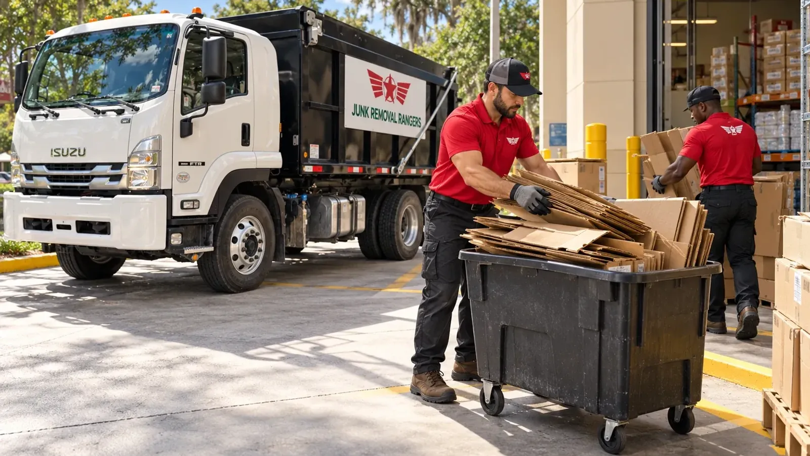Illustration: Workers collecting flattened cardboard outside a stockroom
