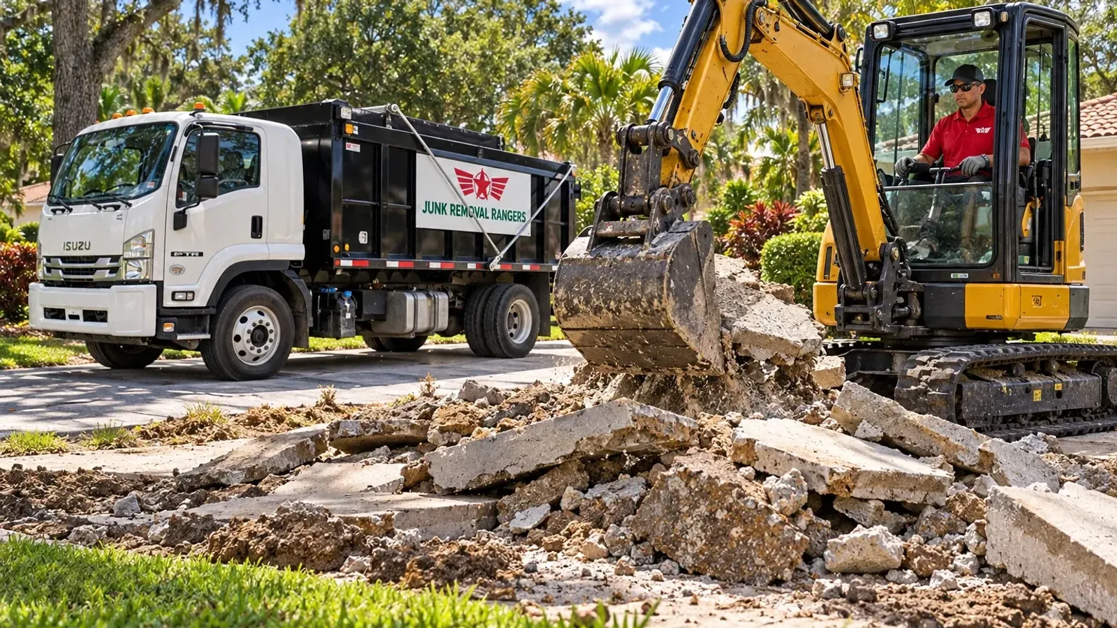Illustration: Compact excavator collecting broken concrete for removal