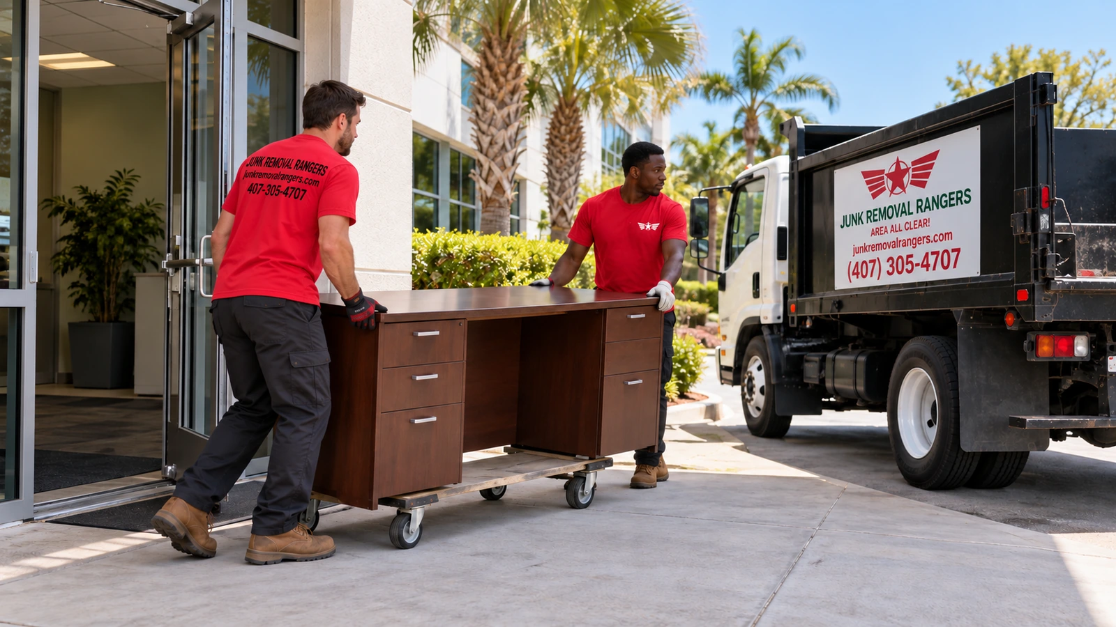 Illustration of a crew moving an office desk on a furniture dolly.