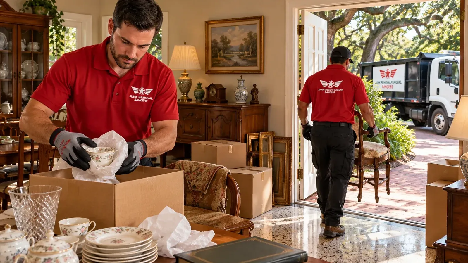Illustration: Crew carefully clearing furniture and household belongings from a home