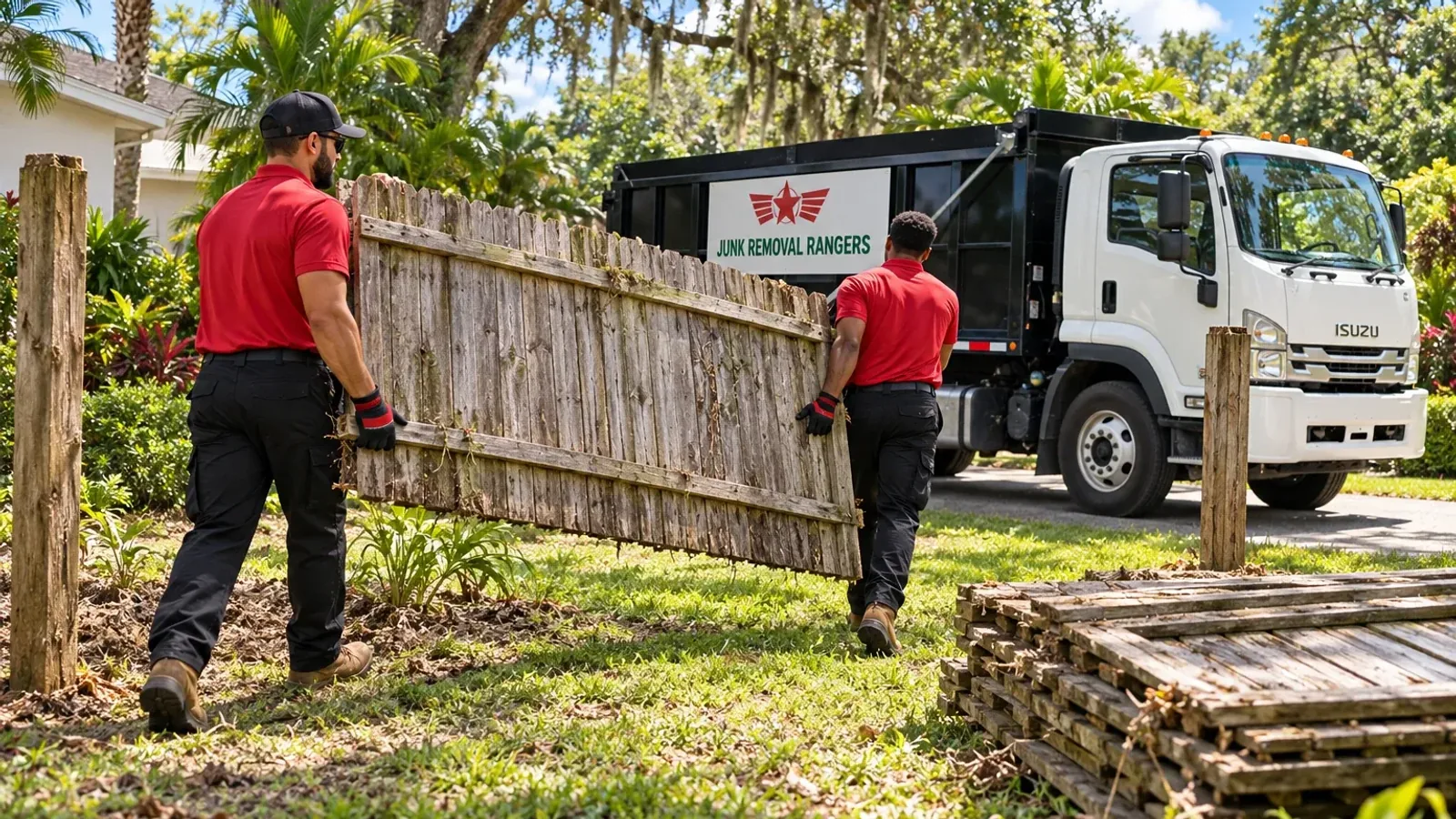Illustration: Workers carrying a detached wooden fence panel