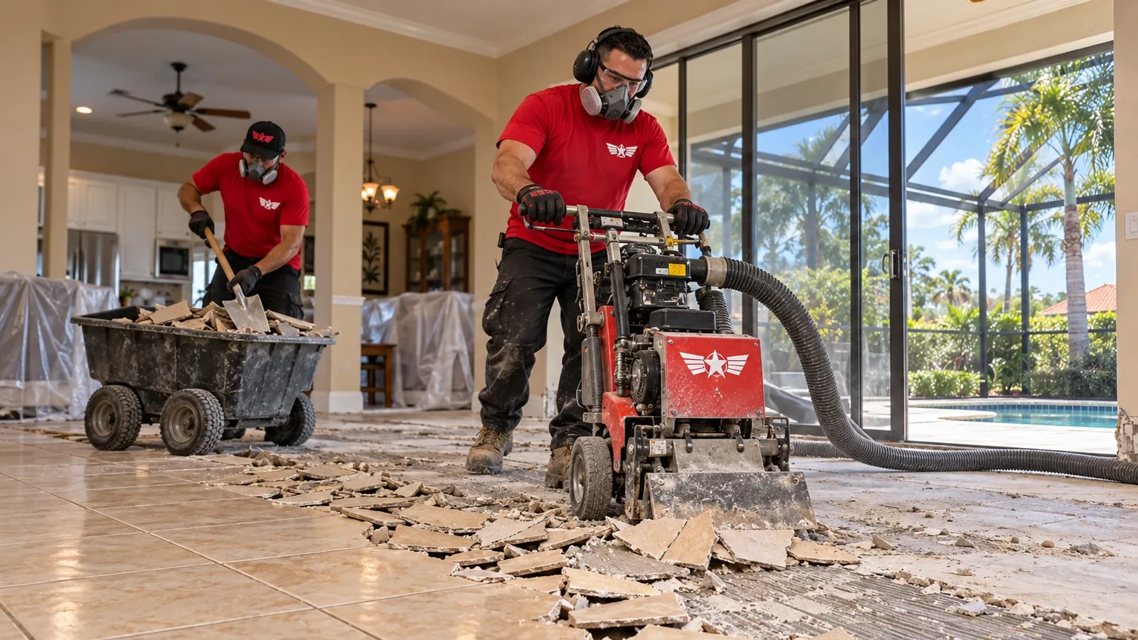 Illustration: Workers removing ceramic tile with a powered floor scraper and debris cart