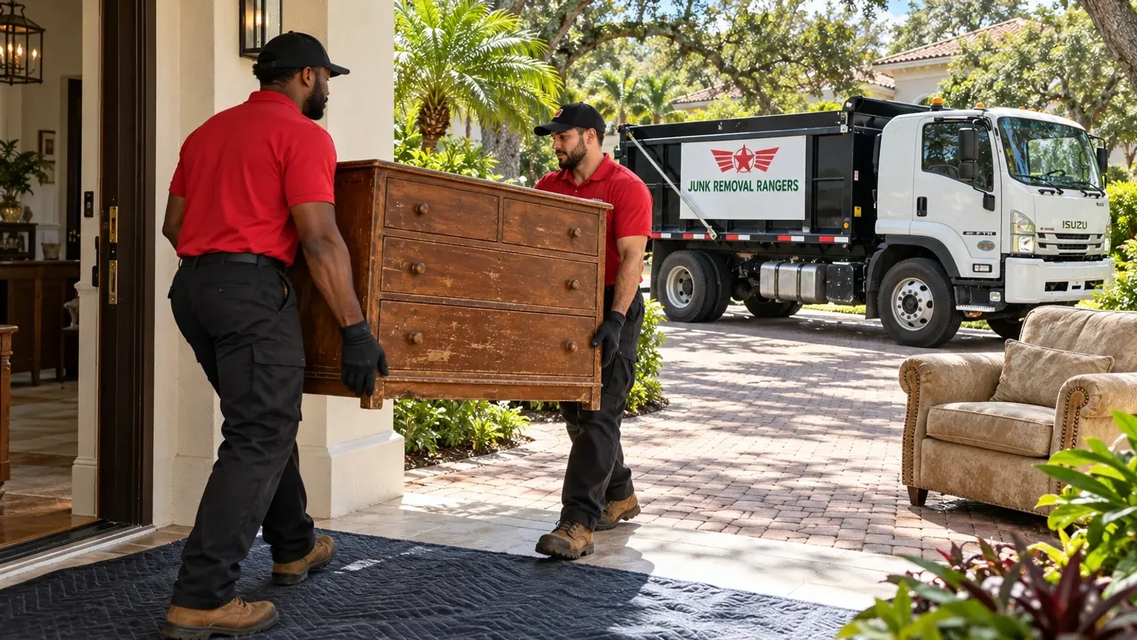 Illustration: Crew carrying unwanted furniture toward a junk removal truck