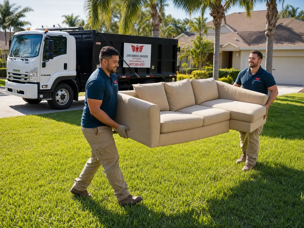 Junk Removal Rangers crew carrying a couch out of a Central Florida home