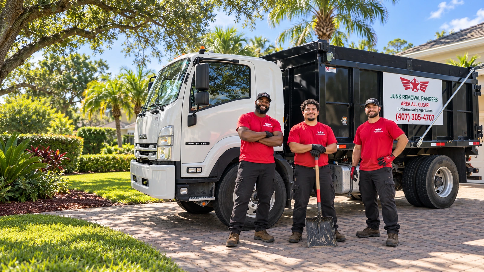 Illustration of a red-uniform crew beside a branded Junk Removal Rangers truck in Central Florida. These are illustrative models, not verified employees.