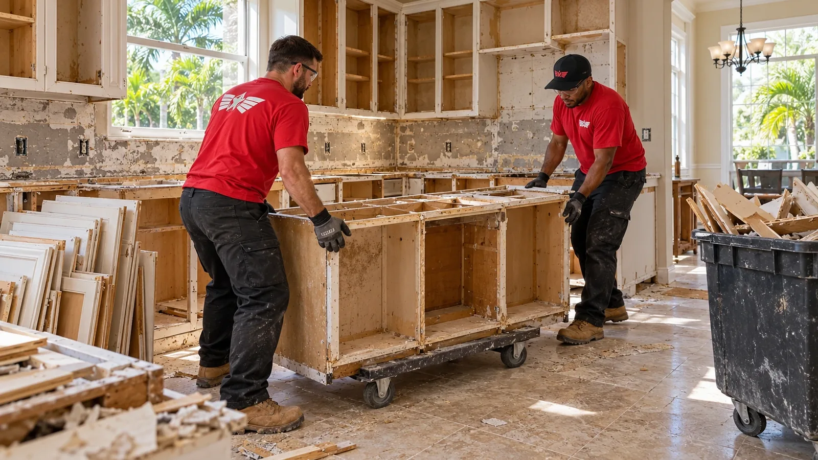 Illustration: Two workers moving a removed kitchen cabinet section on a dolly during selective demolition