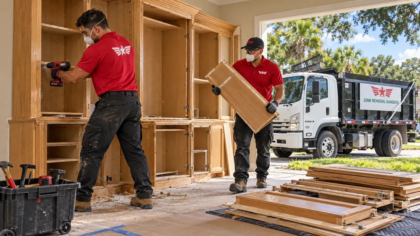 Illustration: Workers dismantling cabinetry during an interior renovation
