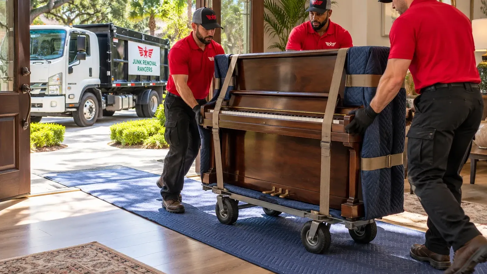 Illustration: Workers guiding a strapped upright piano on a piano dolly