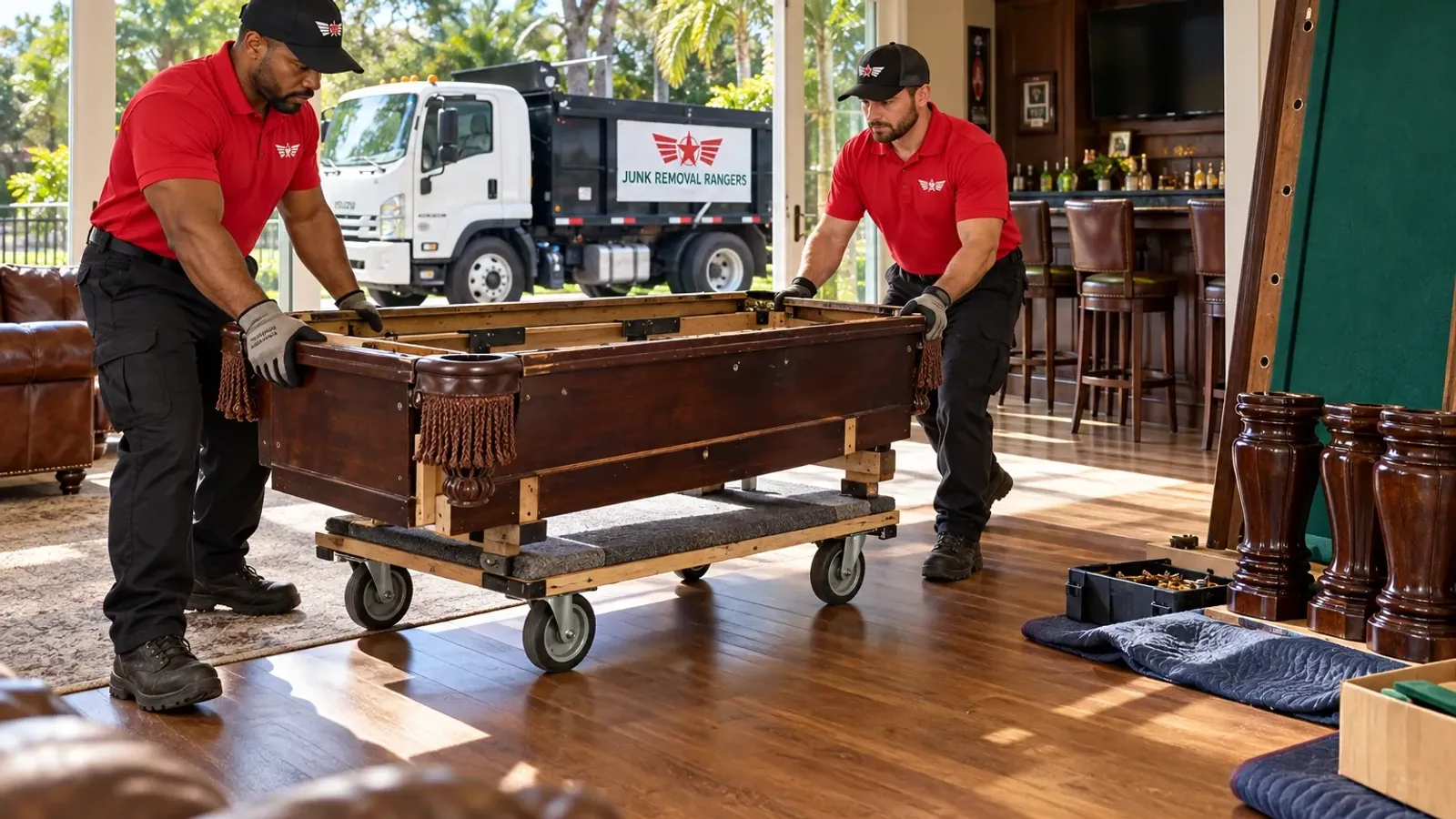Illustration: Workers moving a disassembled pool table frame on a furniture dolly