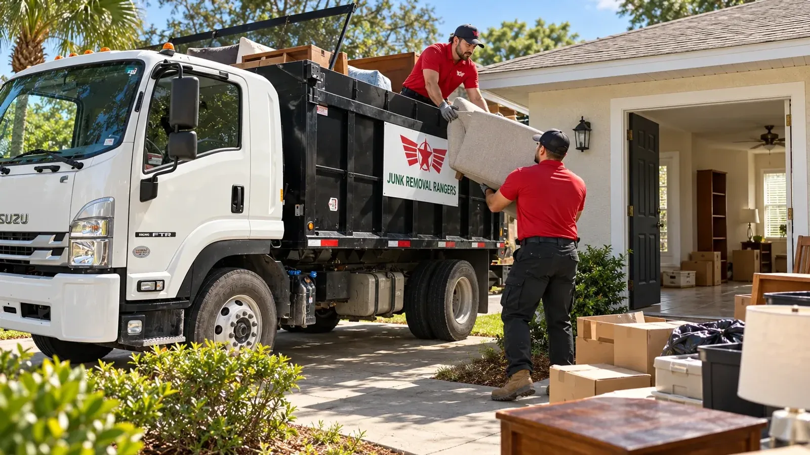 Illustration: Crew clearing unwanted furniture and boxes from a vacant home