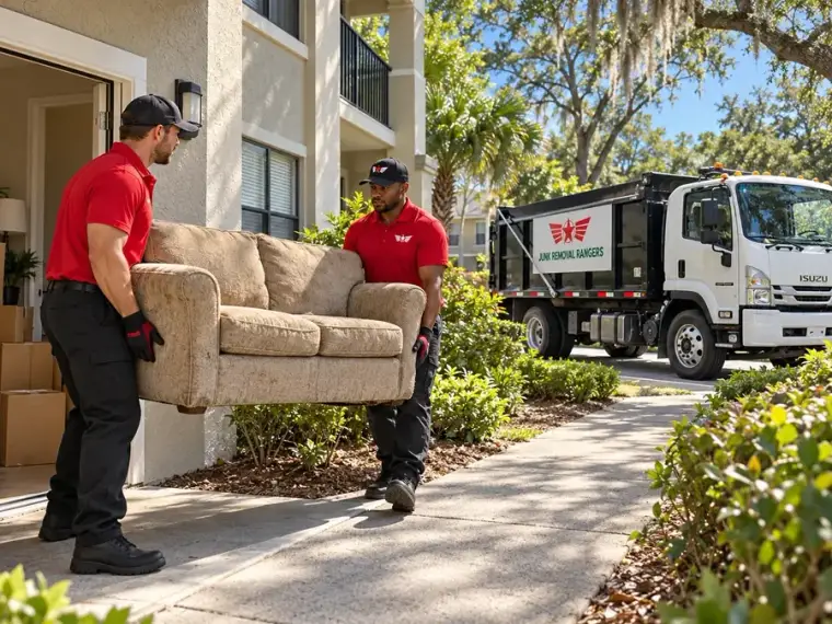 Illustration: Crew carrying a loveseat out of a ground-floor apartment
