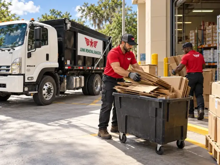 Illustration: Workers collecting flattened cardboard outside a stockroom