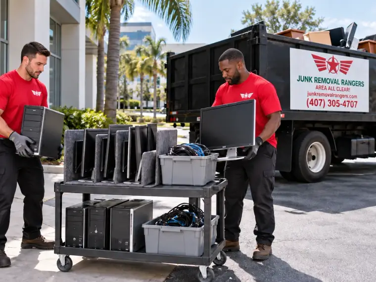 Illustration of organized computer and monitor pickup outside an Orlando office.