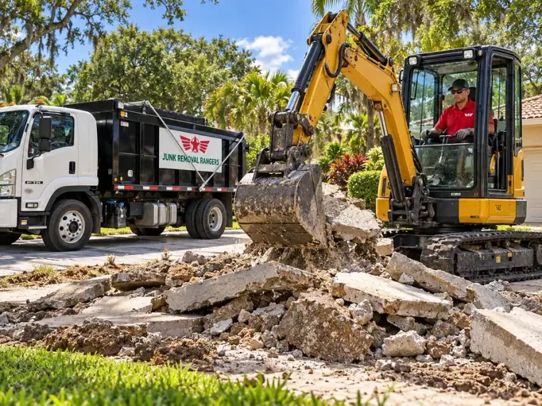 Illustration: Compact excavator collecting broken concrete for removal