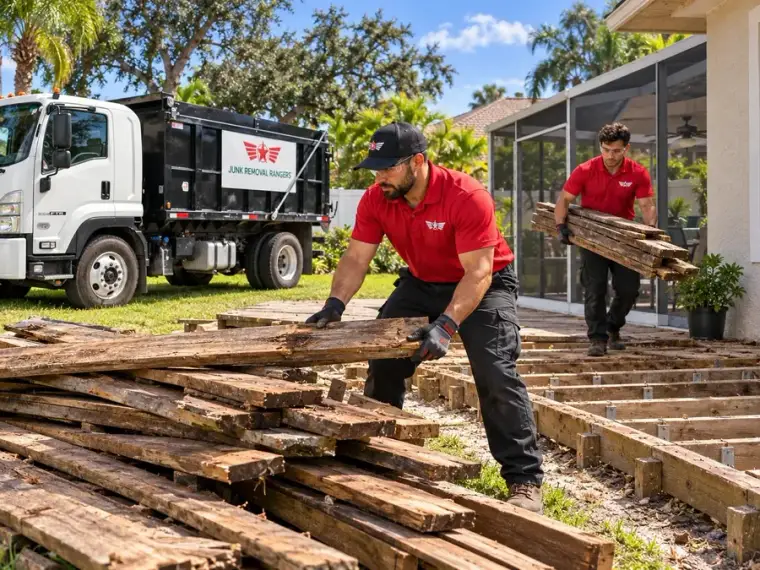 Illustration: Workers removing boards from a low backyard deck