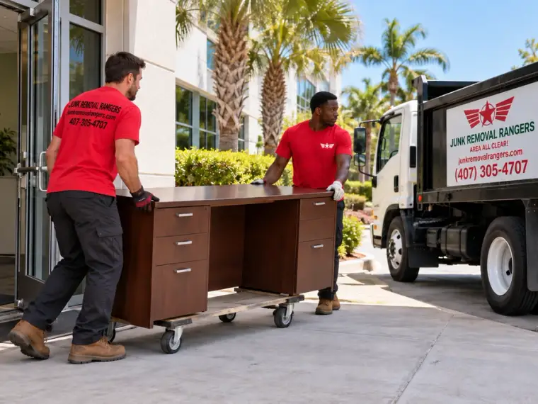Illustration of a crew moving an office desk on a furniture dolly.