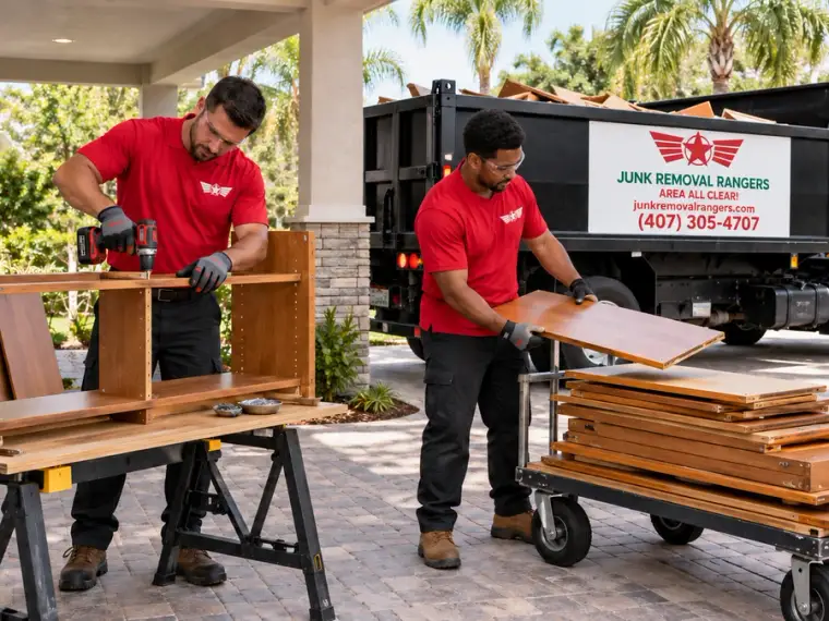 Illustration of furniture dismantling and panel preparation for hauling.