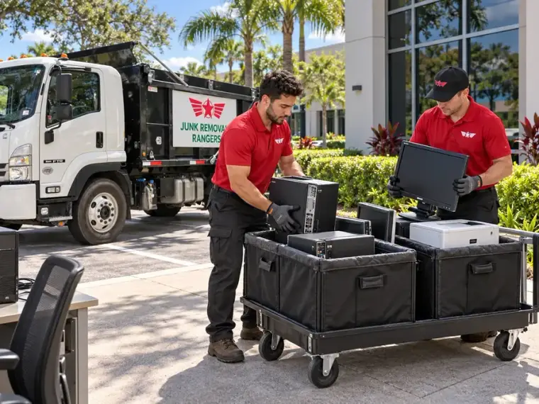 Illustration: Workers collecting computers and monitors in padded crates