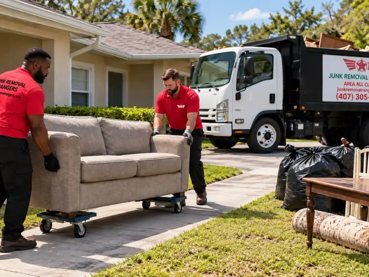 Illustration of a professional household-goods cleanout outside a Florida duplex.