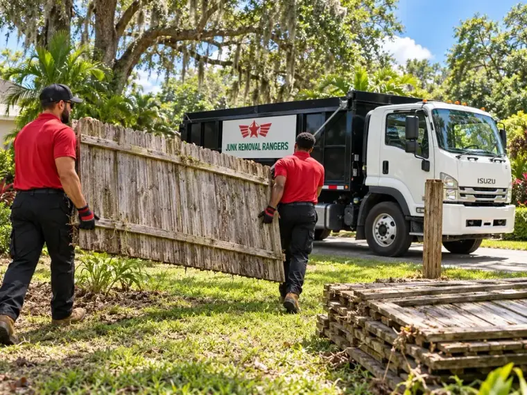 Illustration: Workers carrying a detached wooden fence panel