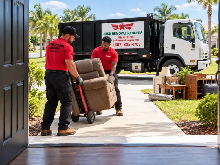 Illustration of a vacant-home cleanout with household items staged for removal.