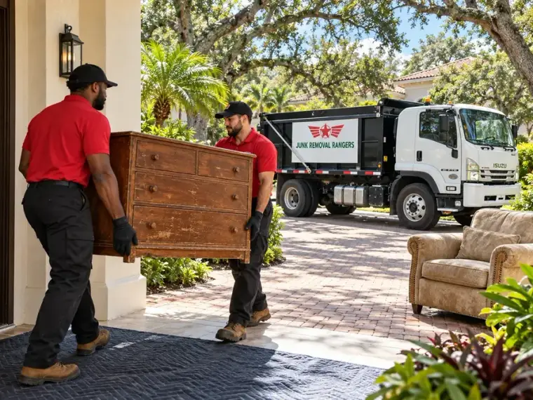 Illustration: Crew carrying unwanted furniture toward a junk removal truck