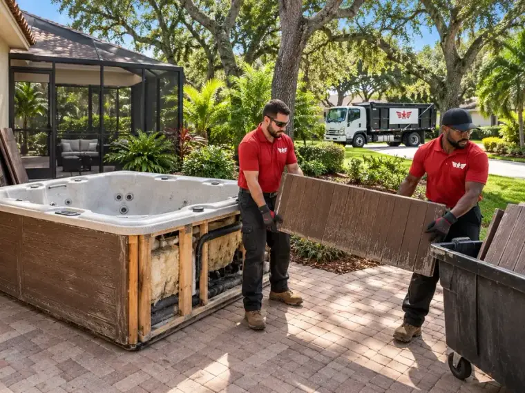 Illustration: Crew removing a disconnected hot tub from a residential patio