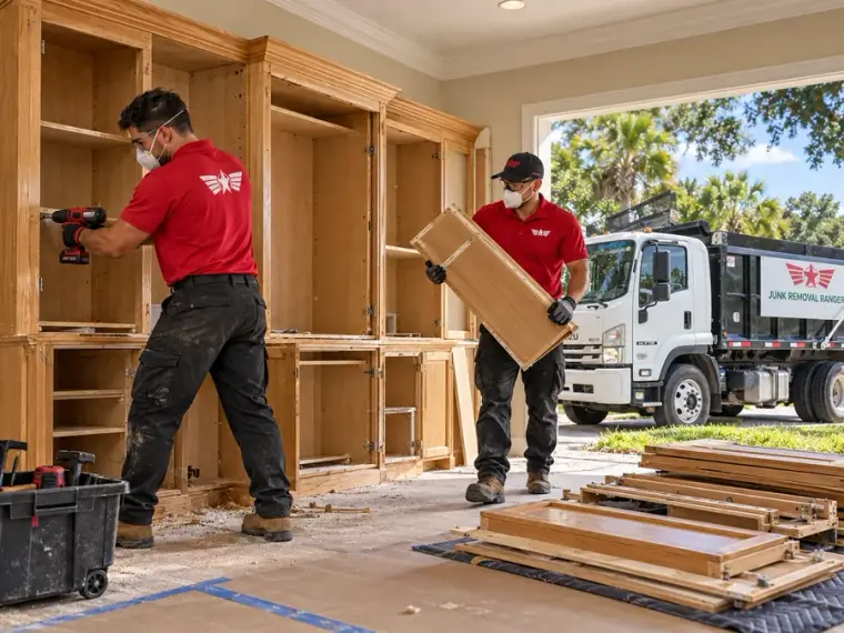 Illustration: Workers dismantling cabinetry during an interior renovation