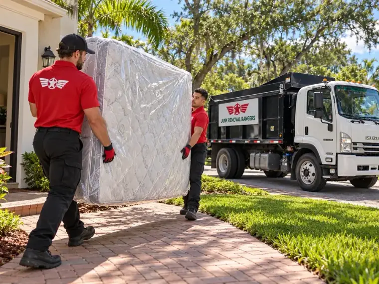 Illustration: Two workers carrying a wrapped mattress for removal