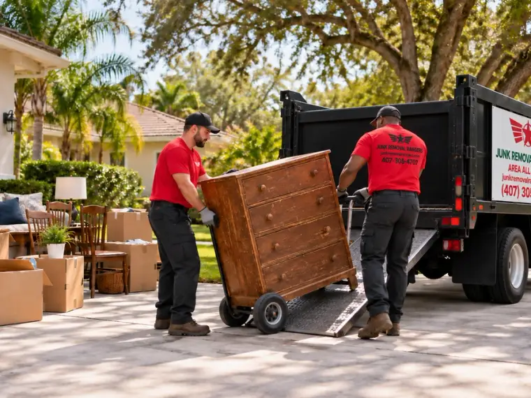 Illustration of moving-related junk removal in a Florida driveway.