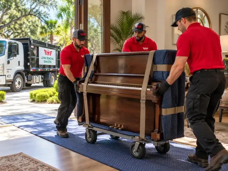 Illustration: Workers guiding a strapped upright piano on a piano dolly