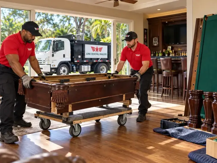 Illustration: Workers moving a disassembled pool table frame on a furniture dolly