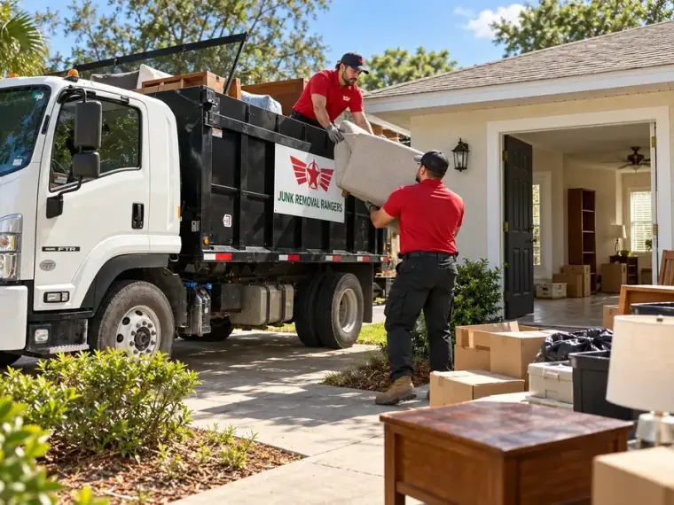 Illustration: Crew clearing unwanted furniture and boxes from a vacant home