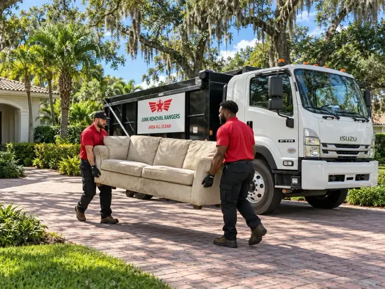 Illustration: Crew removing household furniture outside a Florida-style home