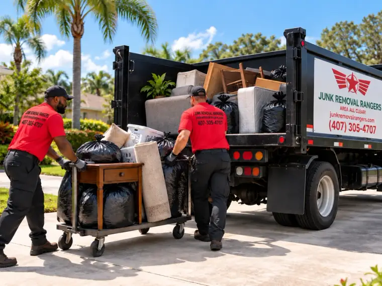 Illustration of a crew loading household junk during a daytime pickup.