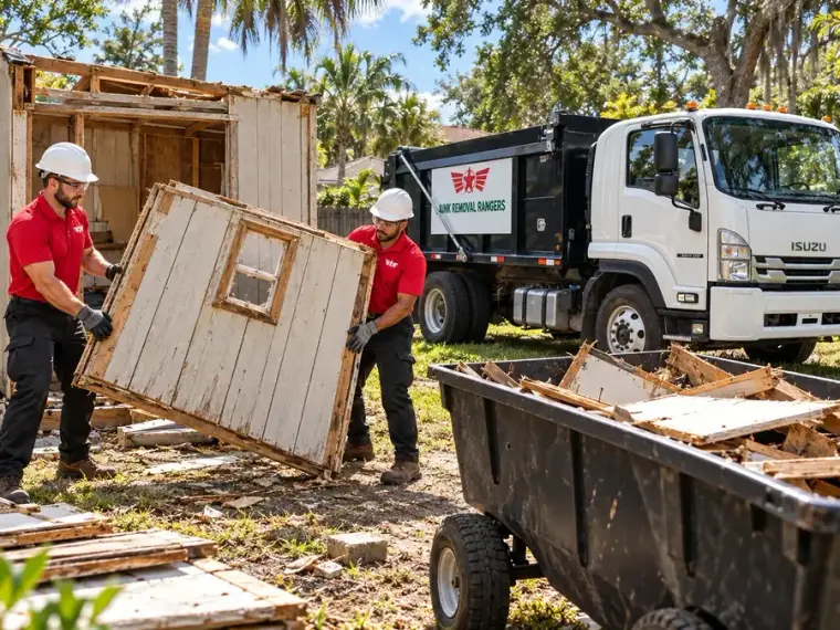 Illustration: Workers carrying detached panels from a dismantled backyard shed