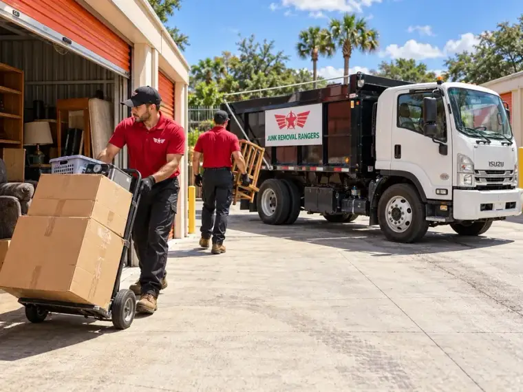 Illustration: Crew clearing furniture and boxes from a storage unit