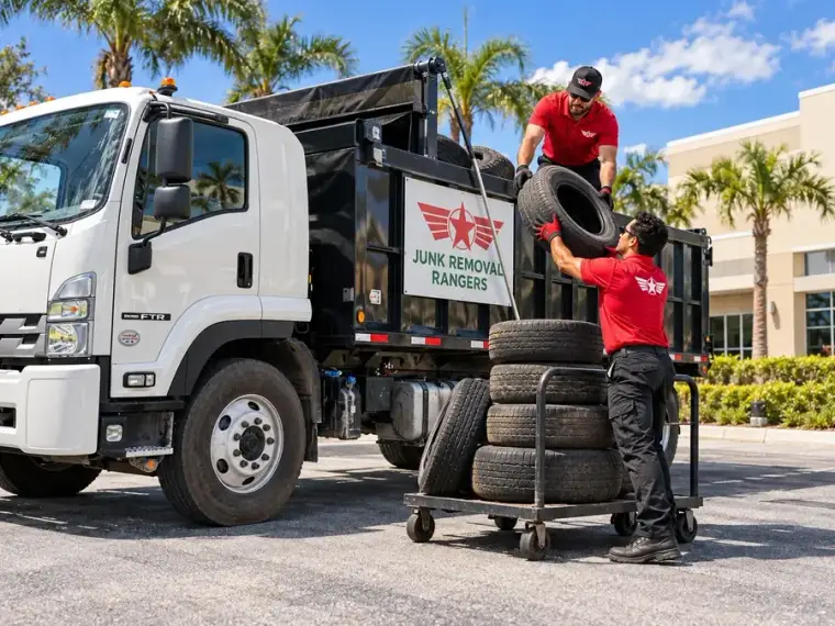 Illustration: Workers collecting used vehicle tires beside a hauling truck